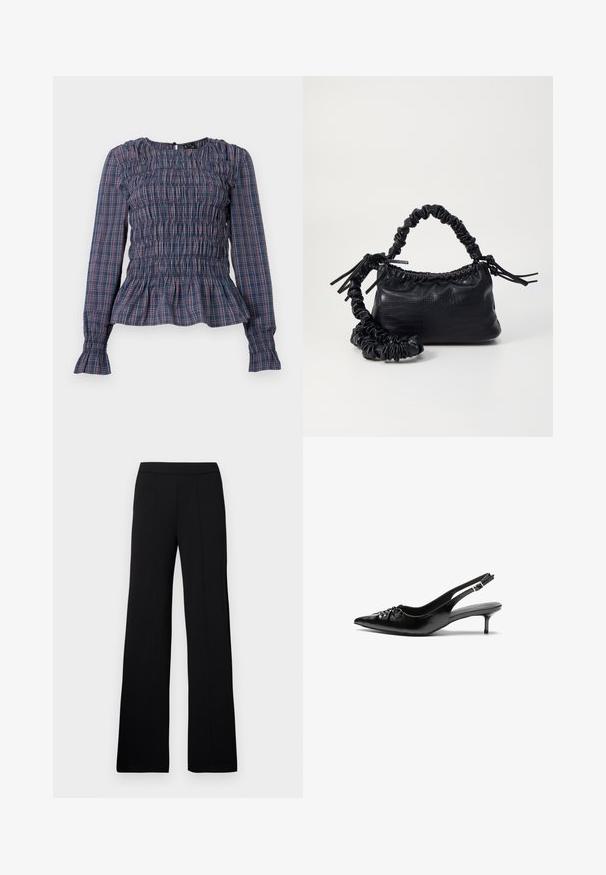 Kék és piros kockás, hosszú ujjú blúz, smocked mellel és fodros szegéllyel, valamint mandzsettával, fehér háttéren bemutatva.; Fekete, bő szárú nadrág sima, szőtt textúrával, lapos derékkal és függőleges varrásokkal a szabott megjelenésért.; Fekete bőrből készült slingback magassarkú cipők hegyes orral, kis francia sarokkal és díszes csomóval az elején. Az egész felületen sima textúra.; Fekete műbőr kézi táska krokodil bőr textúrával, összehúzható tetejű és gyűrt pánttal. Lágy és kompakt dizájnúnak tűnik.