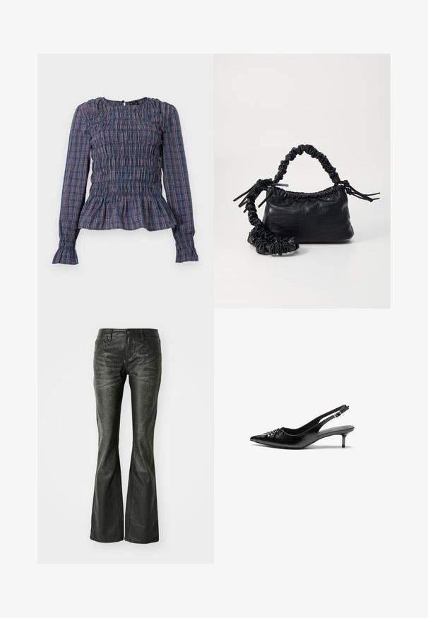 Kék és piros kockás, hosszú ujjú blúz, smocked mellel és fodros szegéllyel, valamint mandzsettával, fehér háttéren bemutatva.; Fekete műbőr, bővülő szárú farmernadrág elülső zsebekkel, fémből készült gombos záródással és enyhén textúrázott felülettel. Egyenes szárú, hosszú fazon.; Fekete bőrből készült slingback magassarkú cipők hegyes orral, kis francia sarokkal és díszes csomóval az elején. Az egész felületen sima textúra.; Fekete műbőr kézi táska krokodil bőr textúrával, összehúzható tetejű és gyűrt pánttal. Lágy és kompakt dizájnúnak tűnik.