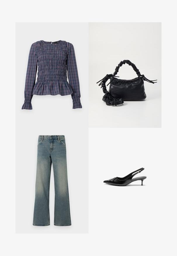 Blå og rød rutete langermet bluse med smocket liv og volanger nederst på ermene og hem, vist mot en hvit bakgrunn.; Blå vide denimjeans med klassisk fem-lomme-design og knap-lynlås lukning, med falmede vaske detaljer på lår og knæ.; Sorte skinnert remsandaler med spiss tå, liten kittenhæl og en dekorativ knute detalj foran. Glatt tekstur gjennom hele.; Svart faux skinn-håndveske med krokodilletekstur, strammet topp og en rynket stropp. Ser myk og kompakt ut i designen.