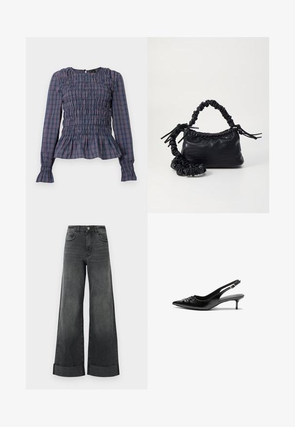 Blusa de mangas longas em padrão xadrez azul e vermelho, com corpete franzido e bainha e punhos com ruffles, exibida em fundo branco.; Jeans pretos de perna larga de cintura alta com bainhas dobradas, botão frontal e bolsos, expostos contra um fundo claro e simples.; Sapatos de salto alto slingback em couro preto com bico fino, pequeno salto kitten e um detalhe decorativo em forma de nó na parte da frente. Textura suave em toda a parte.; Bolsa de mão em couro sintético preto com textura de crocodilo, topo franzido e alça enrugada. Apresenta um design suave e compacto.