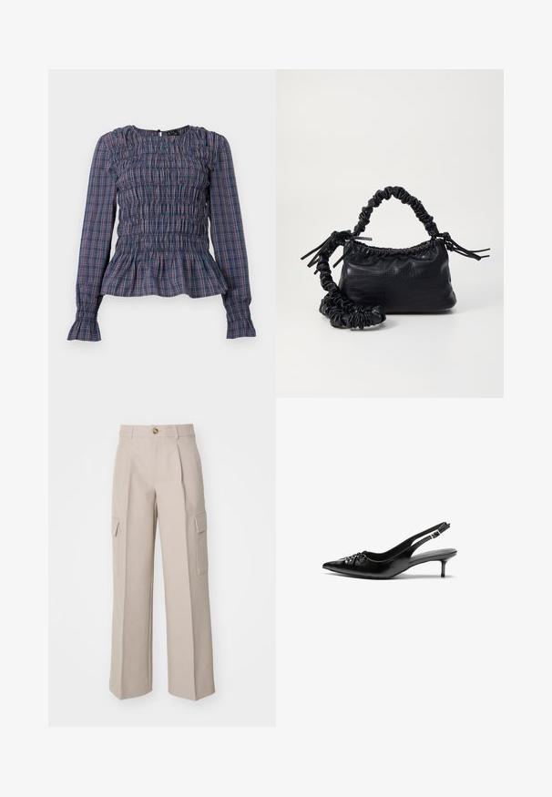 Kék és piros kockás, hosszú ujjú blúz, smocked mellel és fodros szegéllyel, valamint mandzsettával, fehér háttéren bemutatva.; Beige széles szárú nadrág, szövetből készült, elöl hajtásokkal és két oldalsó cargozsebből áll. Elöl gombos záródással.; Fekete bőrből készült slingback magassarkú cipők hegyes orral, kis francia sarokkal és díszes csomóval az elején. Az egész felületen sima textúra.; Fekete műbőr kézi táska krokodil bőr textúrával, összehúzható tetejű és gyűrt pánttal. Lágy és kompakt dizájnúnak tűnik.