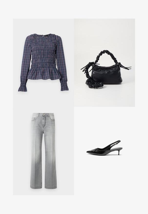 Sinine ja punane ruuduline pika varrukaga bluus, mille ülaserv on smockitud ja mis on ääristatud volangidega, kavandatud valgel taustal.; Hall gray laihted teksad denimist, millel on kulunud välimus, ees olevad taskud ja nööbiklapp. Sile tekstuur ja ühtlane õmblus.; Mustad nahast rihmikud terava nina, madala kassisaba kand ja volditud detailiga eespool. Siledat tekstuuri ja minimalistlikku disaini.; Must must sünteetilisest nahast käekott, millel on krokodillimuster, kokku tõmmatav ülaosa ja kortsus rihm. Tundub pehme ja kompaktne disain.