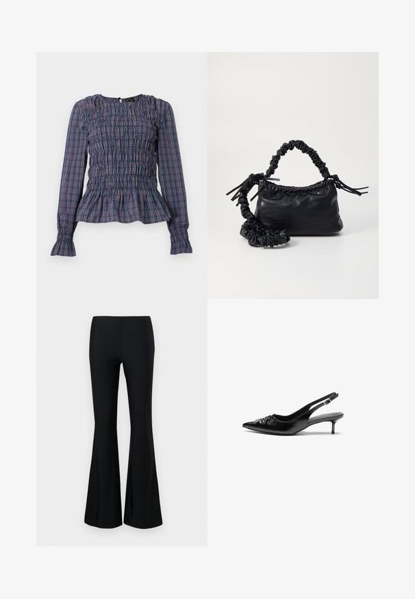 Blue and red plaid long-sleeve blouse with smocked bodice and ruffled hem and cuffs, displayed on a white background.; Black flared trousers made of lightweight fabric, featuring a subtle perforated pattern. The silhouette is fitted through the thigh, flaring at the bottom.; Black leather slingback heels with a pointed toe, small kitten heel, and a decorative knot detail on the front. Smooth texture throughout.; Black faux leather handbag with a crocodile texture, cinched top, and a scrunched strap. Appears soft and compact in design.