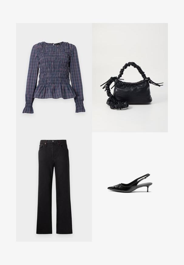 Blusa de mangas longas em padrão xadrez azul e vermelho, com corpete franzido e bainha e punhos com ruffles, exibida em fundo branco.; Jeans de ganga pretos de cintura alta com perna flared, apresentando costura visível, design de cinco bolsos e detalhes em metal cor cobre.; Sapatos de salto alto slingback em couro preto com bico fino, pequeno salto kitten e um detalhe decorativo em forma de nó na parte da frente. Textura suave em toda a parte.; Bolsa de mão em couro sintético preto com textura de crocodilo, topo franzido e alça enrugada. Apresenta um design suave e compacto.
