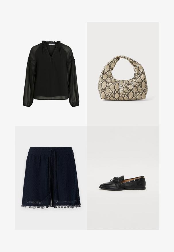 Juoda palaidinė su V-formos iškirpte, raukšlėta iškirpte, permatomomis ilgomis rankovėmis ir nėriniais ant pečių. Lengva, plazdanti medžiaga.; Tamsiai mėlynos šortai, pagaminti iš nėrinio audinio, su tekstūruota raštai ir nėriniu apatinėje dalyje. Elastinga juosmens juosta su raišteliu.; Juodi odiniai loafai su surišta mazgeliu, su auksinėmis akytėmis šoninėse dalyse ir plokščiu guminiu padu. Lygus paviršius, klasikinis dizainas.; Gyvatės rašto rankinė su kreiviu rankenėle. Pagaminta iš tekstūruotų smėlio ir rudos spalvos medžiagų, su išskirtiniu rombo raštu.