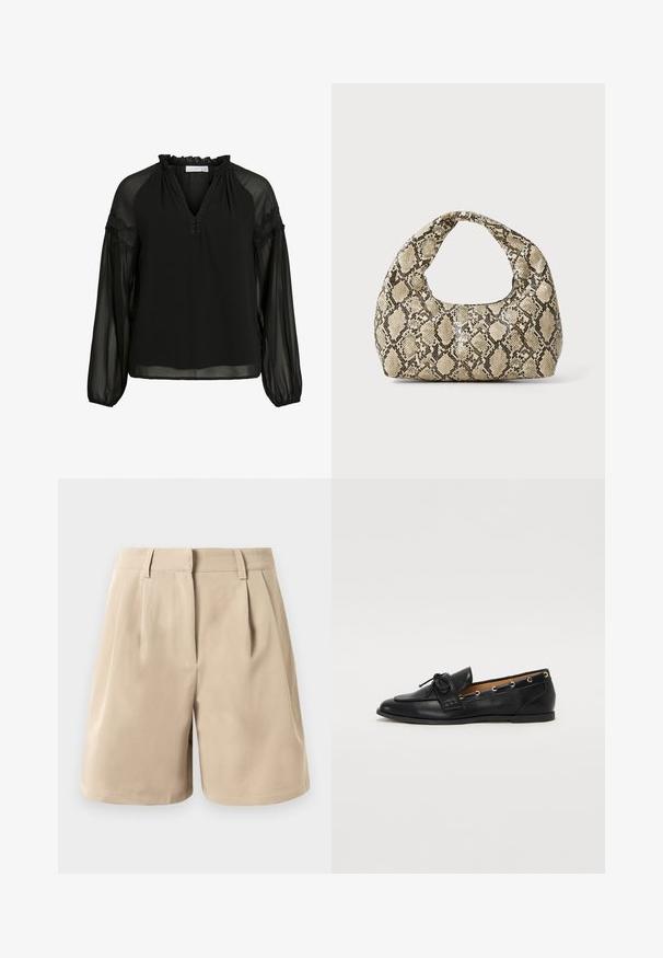 Black blouse featuring a V-neck, ruffled neckline, sheer long sleeves, and lace accents on the shoulders. Lightweight, flowy fabric.; Beige high-waist tailored shorts with belt loops, front pleats, and a concealed front fastening against a white background.; Black leather loafers with a tied bow, featuring gold eyelet accents along the sides and a flat rubber sole. Smooth texture, classic design.; Snake-print handbag with a curved handle. Made from textured, beige and brown materials, featuring a distinctive diamond pattern.