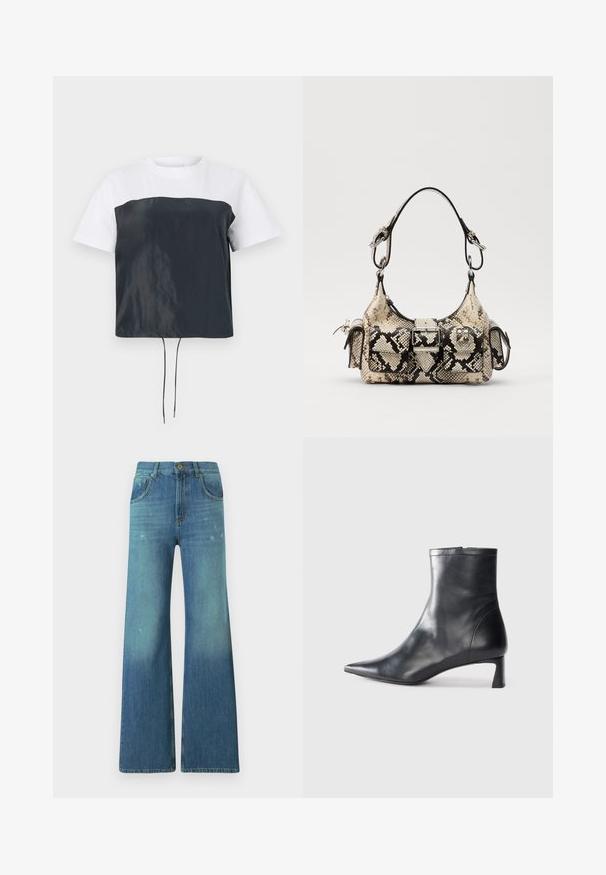 T-shirt cropped de manga curta com parte superior em algodão branco e parte inferior em poliéster cinza escuro brilhante, com bainha ajustável por cordão.; Jeans de ganga azuis com corte flare e um degradê de lavagem clara, com design de cinco bolsos, fecho de zip e detalhe em botão de latão na cintura.; Bota de tornozelo em pele preta com biqueira apontada e um design elegante. Apresenta um salto baixo e um fecho com zipper na parte de trás. Textura suave.; Saco de mão em bege e preto, com forma estruturada, detalhe de fivela e alças duplas para os ombros. Superfície texturizada.