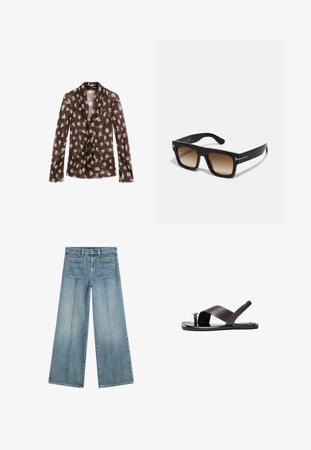 Massimo Dutti FLOWING GARMENT WITH SCARF COLLAR - Camicetta - mottled dark brown; Jeans a gamba larga di colore azzurro realizzati in denim, caratterizzati da una vita alta, due tasche posteriori e pieghe frontali per un dettaglio strutturato.; Sandali in pelle marrone con design a fascia incrociata, suola piatta e piccolo dettaglio hardware circolare. Texture liscia, stile minimalista.; Occhiali da sole tartarugati con montatura quadrata, lenti marroni sfumate e sottili dettagli in oro sugli steli.; DRAGON DIFFUSION SANTA CROCE BIG - Borsa a mano - dark brown