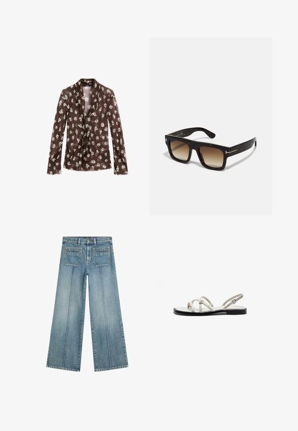 Massimo Dutti FLOWING GARMENT WITH SCARF COLLAR - Blouse - mottled dark brown; Light blue wide-leg jeans made of denim, featuring a high waist, two back pockets, and front creases for structured detail.; Flat sandals featuring thin metallic straps, a light cream upper, and a black sole. Adjustable buckle detail on the ankle strap.; Tortoiseshell sunglasses with a square frame, gradient brown lenses, and subtle gold hardware accents on the temples.; DRAGON DIFFUSION SANTA CROCE BIG - Handbag - dark brown