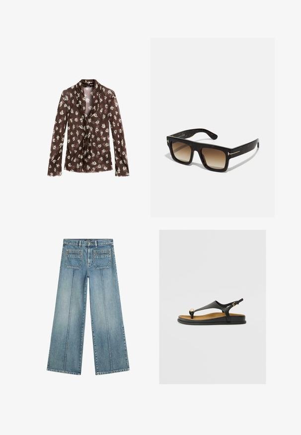 Massimo Dutti FLOWING GARMENT WITH SCARF COLLAR - Bluse - mottled dark brown; Lysblå vide jeans lavet af denim, med høj talje, to baglommer og forkantede folder for en struktureret detalje.; Sort thong sandal med et rundt guldaccent, justerbar bagrem og en flad, polstret sål med en tan indersål.; Skildpaddemønster solbriller med firkantet stel, gradient brune linser og diskrete guldhardware detaljer på stængerne.; DRAGON DIFFUSION SANTA CROCE BIG - Håndtasker - dark brown