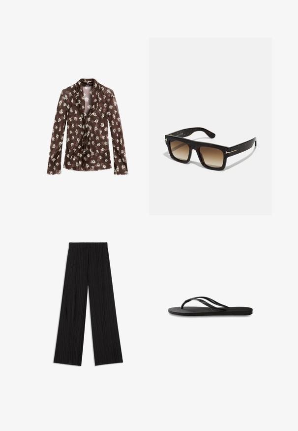 Massimo Dutti FLOWING GARMENT WITH SCARF COLLAR - Blouse - mottled dark brown; Pantalons larges noirs en tissu plissé, présentant une taille élastique et une texture lisse et élégante.; Tongs noires avec une semelle en caoutchouc texturée, deux fines lanières et un détail de logo embossé subtil sur la lanière.; Lunettes de soleil en écaille de tortue avec une monture carrée, des verres bruns dégradés et de subtile accents dorés sur les branches.