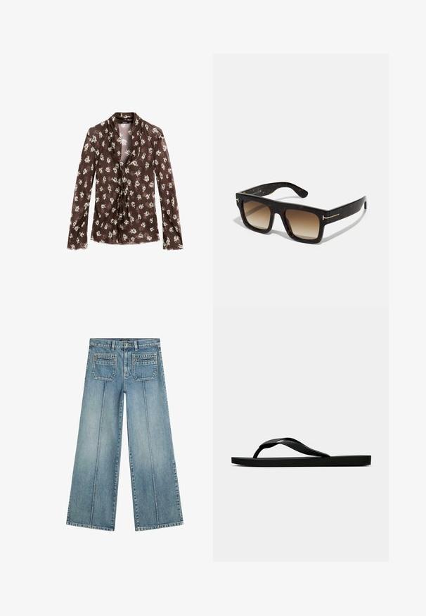 Massimo Dutti FLOWING GARMENT WITH SCARF COLLAR - Blouse - mottled dark brown; Light blue wide-leg jeans made of denim, featuring a high waist, two back pockets, and front creases for structured detail.; Black rubber flip-flop sandal with a textured thong strap and simple flat sole, shown from side on a plain light background.; Tortoiseshell sunglasses with a square frame, gradient brown lenses, and subtle gold hardware accents on the temples.; DRAGON DIFFUSION SANTA CROCE BIG - Handbag - dark brown