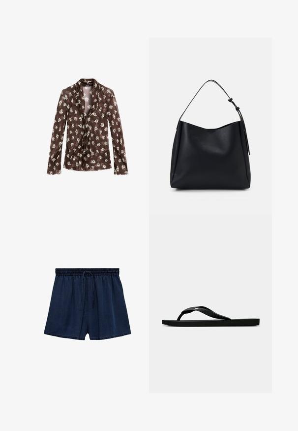 Massimo Dutti FLOWING GARMENT WITH SCARF COLLAR - Bluse - mottled dark brown; Marineblå shorts lavet af letvægtsstof, med en elastisk talje og snøre, samt en afslappet pasform. Kanten er let flosset.; Sorte gummiflip-flopsandaler med en tekstureret rem og simpel flad sål, vist fra siden på en lys ensfarvet baggrund.; Sort læder hobo taske med en enkelt skulderrem, glat tekstur, strammet top og minimalistisk design uden synligt hardware.