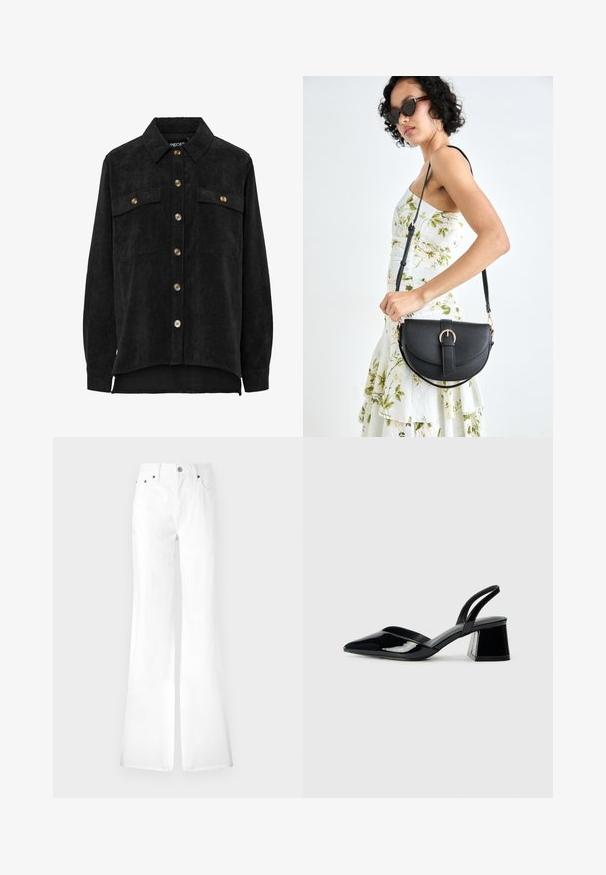 Svart kordfløyelskjorte med knappelukking foran, to brystlommer og gullfargede knapper. Har lange ermer og en litte buet søm.; Hvit denim bukser med høy midje, fem lommer og metallknapplukking. Glatt tekstur, ren design; rette ben som smalner inn ved kanten.; Svarte patentlær slingback hæler med spiss tå og geometrisk blokk hæl. Har et stilrent, minimalistisk design og jevn tekstur.; Svart lærveske med en buet form, avtagbar stropp og gullbeslag. Vesken har et klaff med spenne-detall.