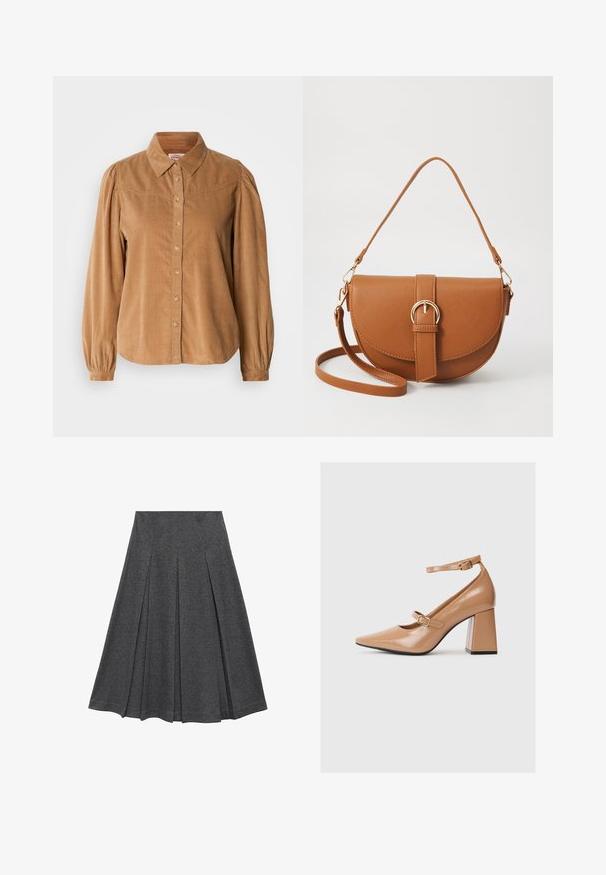 Bruine corduroy shirt met een kraag, lange pofmouwen en knoopsluiting, met een gestructureerde stof en een afgeronde zoom.; Grijze geplooide rok met een uitlopende vorm, gemaakt van een zachte stof. Kenmerkt zich door verticale plooien en een gladde tailleband voor een strakke look.; Beige lakleren hoge hakken met een puntige neus, een enkelbandje en een chunky vierkante hak. Gladde textuur met een glanzende afwerking.; Bruine leren schoudertas met een gebogen vorm, gouden hardware en een gespaccent. Bevat een afneembare schouderriem.