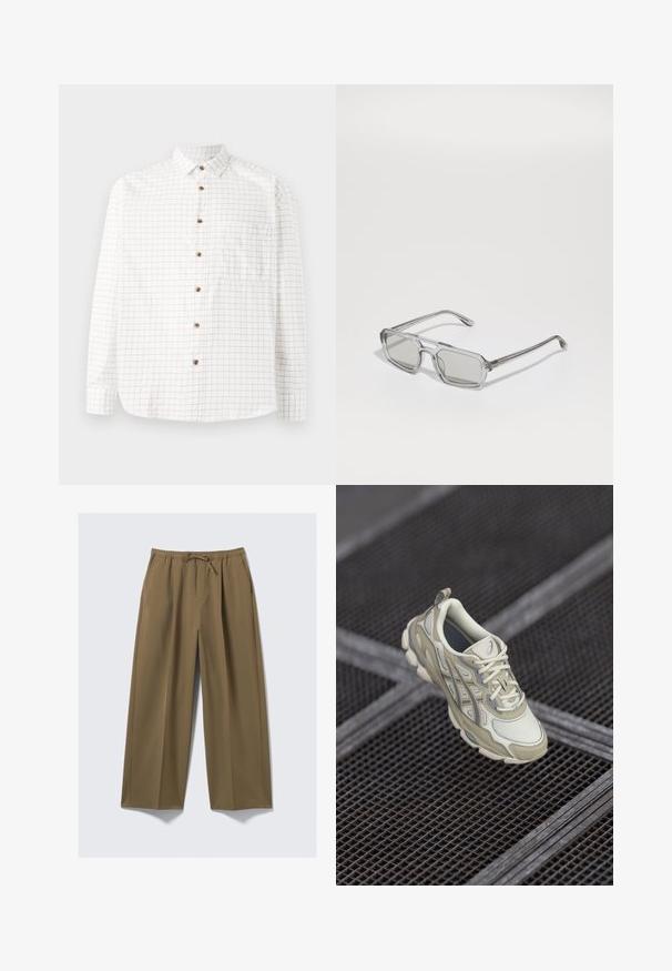White button-up shirt with a grid pattern in navy, featuring a chest pocket, rounded hem, and wooden buttons. Lightweight fabric.; Wide-leg trousers in olive green, made from soft fabric with an elastic waistband and adjustable drawstring. Features two side pockets.; Beige athletic shoe featuring a textured mesh upper, subtle gray accents, and a padded tongue. Rounded, cushioned sole design for comfort.; Emporio Armani Sunglasses - shiny transparent grey
