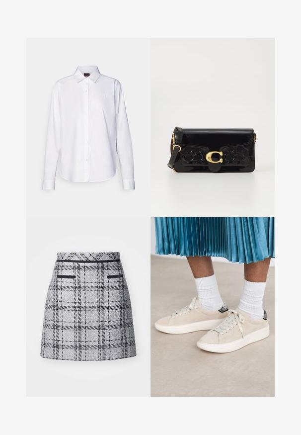 Valge pika varrukaga nööbiga särk, mis on valmistatud puuvillast. Omab klassikalist kraed ja diskreetset brändi tikandit rinnal. Sile tekstuur.; Hall värvi ruuduline seelik, millel on tekstuuriga kangas, kitsas lõige ja must ääristus. Sisaldab kahte esitaskut mustade detailidega.; Beežist nubukist treeningjalanõud valge kummist tallaga ja lipsuga kinnitusega. Vooderdatud tekstuuriga musta seljatoega. Kandmiseks valged soonilised sokid.; Mustvaigust nahast käekott kuldsete detailidega, sealhulgas klapp. Omab tekstureeritud disaini ja eemaldatavat rihma. Kompaktne ristkülikukujuline kuju.