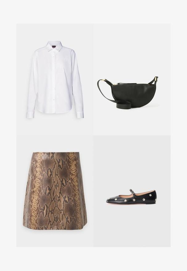 Hvid langærmet skjorte med knapper lavet af bomuld. Har en klassisk krave og diskret mærke-broderi på brystet. Glat tekstur.; Brun slangeskindsprint mini-nederdel lavet af kunstlæder, med en glat tekstur, tætsiddende silhuet og subtile syninger.; Sorte læder Mary Jane flad sko med en rund tå, udstyret med sølvfarvede runde nitter og en justerbar rem med spænde.; Sort læder crossover taske med halvmåneform, tekstureret overflade, guld lynlås og en flad rem. Kompakt design, der er velegnet til det mest nødvendige.