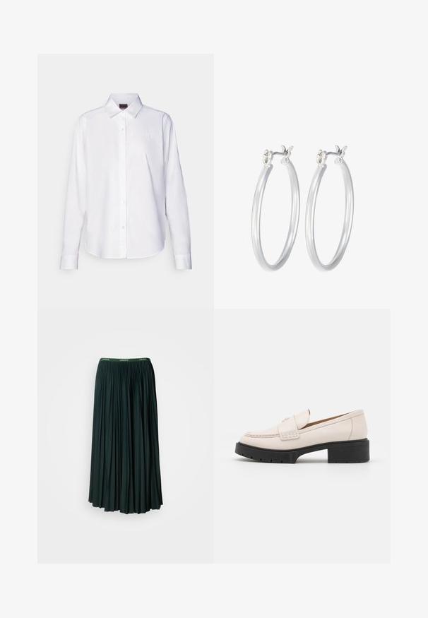 Bela srajca z dolgimi rokavi z gumbi, izdelana iz bombaža. Ima klasičen ovratnik in subtilno izvezeno blagovno znamko na prsih. Gladka tekstura.; Dolg nabrani krilo temno zelene barve s širokim pasom, ki nosi ime blagovne znamke "LACOSTE" v kontrastnem zeleni pisavi.; Svetlo bež usnjeni loaferji z šivanim sprednjim delom in teksturiranim črnim podplatom. Imajo ukrivljen dizajn in drobno dvigovanje.; Srebrni obroči za ušesa z gladko, polirano površino. Okrogla oblika in varna zaponka s klikom. Lahka zasnova, primerna za vsakodnevno nošenje.