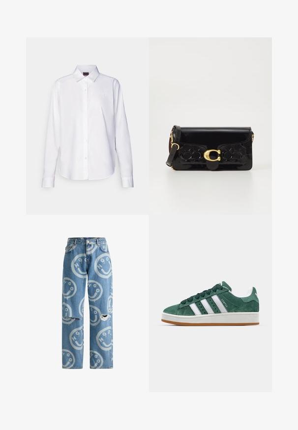 White long-sleeve button-up shirt made of cotton. Features a classic collar and subtle branded embroidery on the chest. Smooth texture.; Two cotton crop tops in white and black. Each has a deep neckline and thin shoulder straps, featuring a smooth, soft texture.; Light blue denim jeans with a loose fit, featuring a repeated smiley face and logo pattern, distressed detailing on the knees.; Green suede sneaker with white leather stripes, rubber sole, padded collar, and minimalistic design. Features branding on the side.; Black patent leather handbag with gold hardware, including a clasp. Features a textured design and detachable strap. Compact rectangular shape.