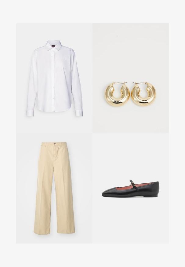 White long-sleeve button-up shirt made of cotton. Features a classic collar and subtle branded embroidery on the chest. Smooth texture.; Beige wide-leg pants made of cotton, featuring a front button closure, belt loops, and a textured fabric.; Black leather flat shoe with a pointed toe and ankle strap featuring a gold buckle. Smooth texture with a slightly glossy finish.; Gold hoop earrings with a smooth, rounded design and a shiny finish, featuring a clasp for securing. Engraved with "DKNY."