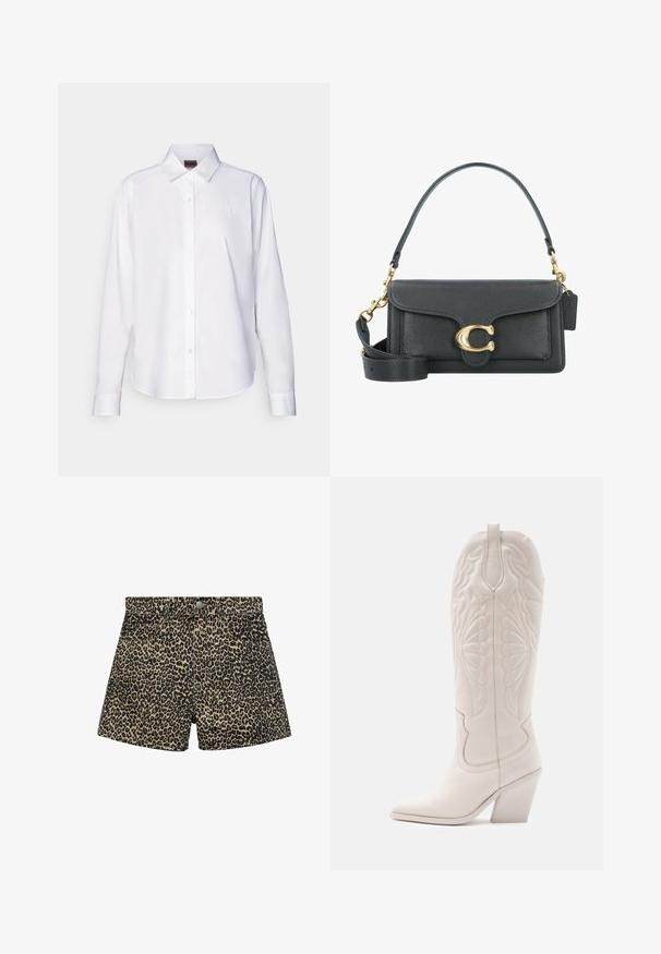 Weiße Langarm-Bluse aus Baumwolle. Mit klassischem Kragen und subtilem Markenstick auf der Brust. Glatte Textur.; Leopardenmuster-Denim-Shorts mit hoher Taille, dekorativen Nähten, fünf Taschen und einem Knopfverschluss. Farbschema in Schwarz und Beige.; Weiße Leder-Cowboystiefel mit spitzer Zehe und blockiertem Absatz. Sie verfügen über aufwendige Steppmuster am Schaft und eine glatte Textur.; Schwarze Lederhandtasche mit goldenen Hardware-Akzenten, ausgestattet mit einem charakteristischen Verschluss, einem abnehmbaren Schultergurt und einer strukturierten Oberfläche.