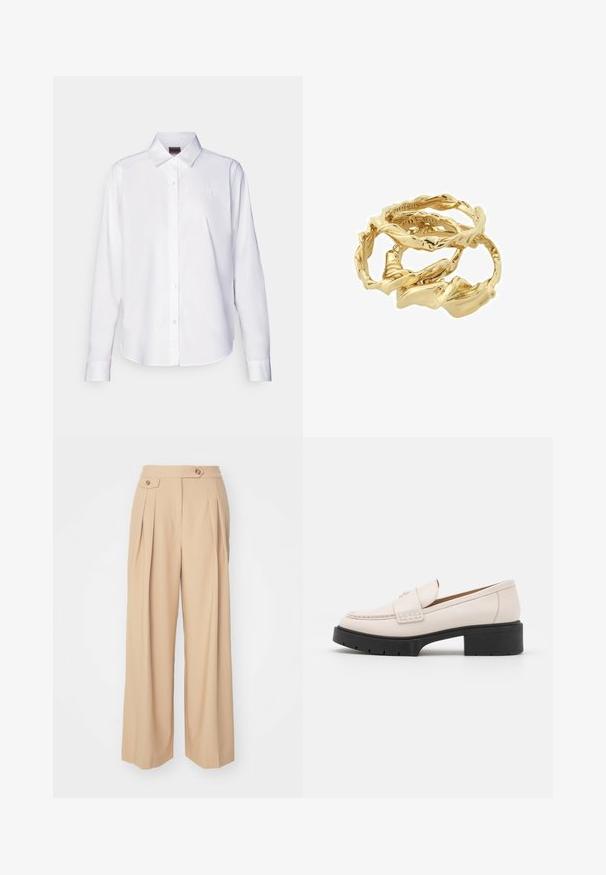 Witte langärmelige overhemd met knopen, gemaakt van katoen. Bevat een klassieke kraag en subtiele gebrandmerkte borduursels op de borst. Soepele textuur.; Beige wijde broek met twee voorplooien, twee knopen op de tailleband en een gladde, gestructureerde stof. Geen zichtbare zakken.; Lichtbeige leren loafers met een gestikte voorkant en een textuur met een zwarte plateauhak. Beschikt over een gebogen ontwerp en een lichte verhoging.; Goudkleurige gedraaide ringen, gestapeld naast elkaar, met een gestructureerd ontwerp en gladde, gebogen randen, wat een organische, vloeiende uitstraling creëert.