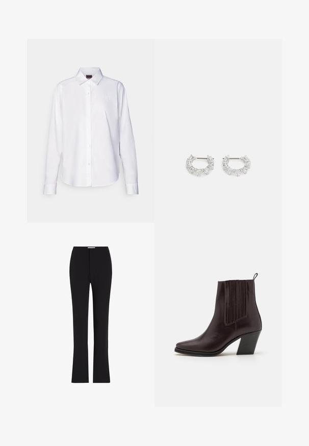 Hvit langermet skjorte med knapper laget av bomull. Har en klassisk krage og subtilt merke brodert på brystet. Glatt tekstur.; Svarte, skreddersydde bukser med vide ben; laget av glat stoff; har frontlommer; minimalistisk design uten synlige mønstre.; Mørkebrun lær ankelstøvle med spiss tå, vertikal ribbestruktur på siden og en middels høy blokkhæl.; Sølv hoops øredobber med klare, rektangulære og trekantede krystaller arrangert i et mønsterdesign. Stifter for sikker feste.