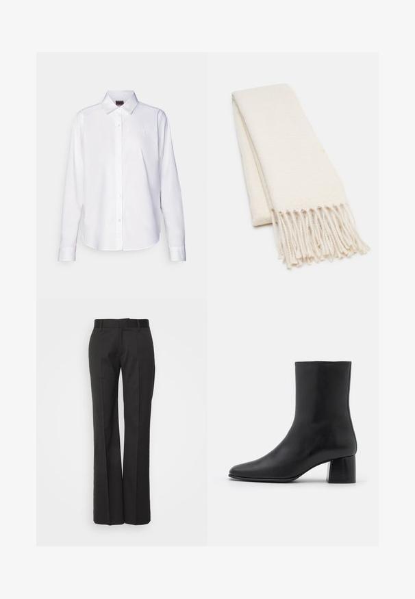 White long-sleeve button-up shirt made of cotton. Features a classic collar and subtle branded embroidery on the chest. Smooth texture.; Filippa K BOOTCUT TROUSERS - Trousers - black; Black leather ankle boot with a pointed toe and a chunky square heel. Smooth texture with a seamless design and minimalistic stitching.; White scarf with a textured pattern, featuring fringed ends. Material appears soft and lightweight, folded neatly for display.; Black tote bag made of textured material, featuring two long handles and a simple, minimalistic design with no visible hardware.