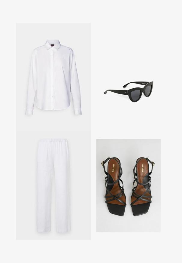 Biela košeľa s dlhým rukávom a gombíkmi vyrobená z bavlny. Obsahuje klasický límec a jemne vyšívané logo na hrudi. Hladká textura.; ASPESI PANTALONE - Nohavice - white; Čierne sandále na podpätku s viacerými úzkymi pásmi, štvorcovou špičkou, hnedými stielkami a zlatým detailom s prackou na pásiku okolo členka.; Čierne okuliare v štýle mačacích očí s tmavými sklami. Vyrobené z plastu, s hladkým povrchom a detailami loga na rámikoch.; Zlaté guľové náušnice s lesklým, odrazovým povrchom. Dizajn je jednoduchý a hladký, čím vytvára moderný, minimalistický vzhľad.