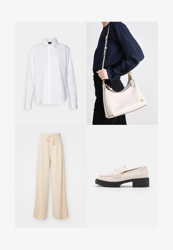 White long-sleeve button-up shirt made of cotton. Features a classic collar and subtle branded embroidery on the chest. Smooth texture.; Wide-leg pants in a soft, light beige fabric. Features an elastic waistband with a drawstring, and side pockets for added convenience.; Light beige leather loafers with a stitched front and a textured black platform heel. Features a curved design and a slight elevation.; A beige leather handbag with dark trim, a curved silhouette, gold hardware, and a detachable strap, held at the side against a dark outfit.