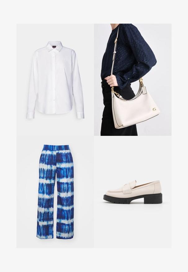 Balta ilga rankovė mygtukų marškiniai, pagaminti iš medvilnės. Yra klasikinis apykaklė ir subtilus prekės ženklo siuvinėjimas ant krūtinės. Lygi tekstūra.; Platus kojų kelnės su mėlyna ir balta tvarimo raštu, su elastinga juosmens juosta. Pagamintos iš lengvos, kvėpuojančios medžiagos.; Šviesiai smėliniai odiniai laivai su siuvinėta priekiu ir tekstūriniu juodu platformos kulnu. Pasižymi kreiviu dizainu ir nedideliu pakilimu.; Šviesiai rudos odos rankinė su tamsiais akcentais, išlenkta siluetu, auksinėmis detalėmis ir nuimamu dirželiu, laikoma prie šono prieš tamsų aprangą.