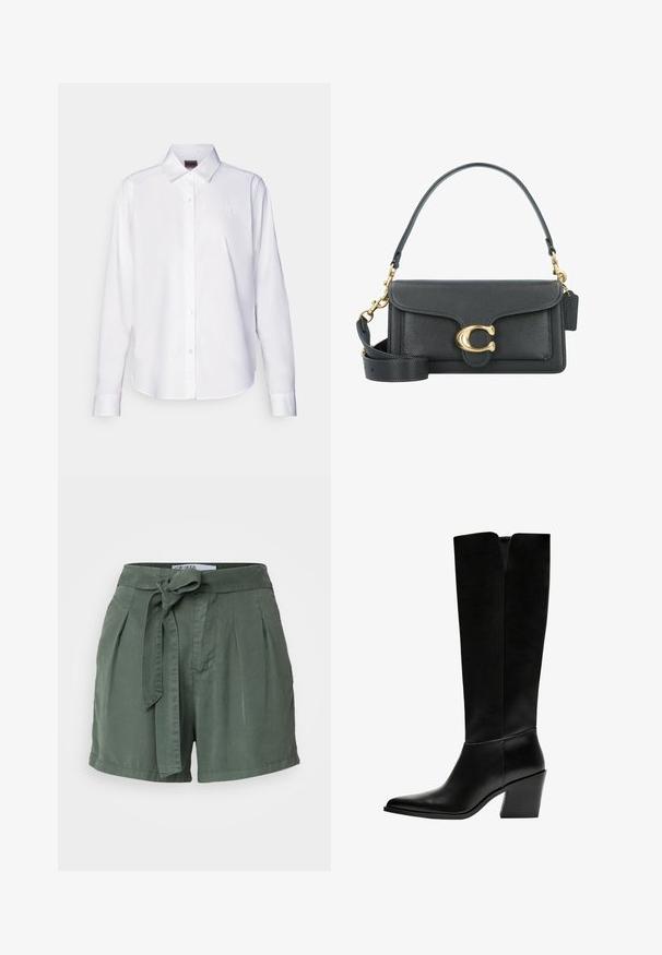 Biela košeľa s dlhým rukávom a gombíkmi vyrobená z bavlny. Obsahuje klasický límec a jemne vyšívané logo na hrudi. Hladká textura.; Zelené, vysoké šortky vyrobené z mäkkého materiálu s uviazaným opaskom, skladaným predným dielom a bočnými vreckami. Strih prispôsobený s uvoľneným strihom.; Čierne vysoké čižmy vyrobené z hladkej kože, s ostrou špičkou, blokovým podpätkom a V-čkovým výrezom na vrchu.; Čierna kožená kabelka s akcentmi zlatého hardvéru, s podpisovým zapínaním, odnímateľným ramenným popruhom a štruktúrovaným povrchom.