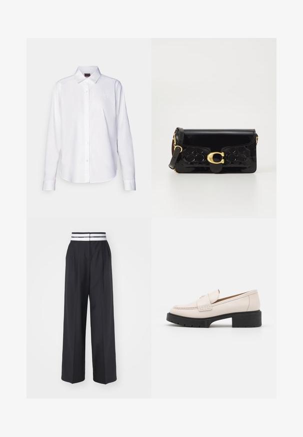 White long-sleeve button-up shirt made of cotton. Features a classic collar and subtle branded embroidery on the chest. Smooth texture.; Black wide-leg trousers with a flat front, two pleats, and an elastic waistband featuring a white and black striped detail.; Light beige leather loafers with a stitched front and a textured black platform heel. Features a curved design and a slight elevation.; Black patent leather handbag with gold hardware, including a clasp. Features a textured design and detachable strap. Compact rectangular shape.