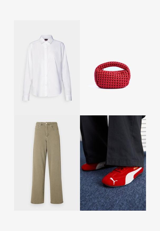 Balta ilga rankovė mygtukų marškiniai, pagaminti iš medvilnės. Yra klasikinis apykaklė ir subtilus prekės ženklo siuvinėjimas ant krūtinės. Lygi tekstūra.; Olive spalvos plačios kojų džinsai, pagaminti iš džinsinio audinio, su aukštu liemeniu, penkiais kišeniais ir subtiliomis siuvimo detalėmis.; Raudoni zomšiniai sportbačiai su baltais akcentais, turintys tekstūruotą medžiagą, apvalią nosį ir auksinį logotipą šone, dėvimi su juodomis kelnėmis.; Raudona pintinė rankinė su apvaliu viršutiniu laikikliu ir užtrauktuku, pasižyminti tekstūruotu, pynimu įrengtu raštu minkšto, lanksčio audinio.
