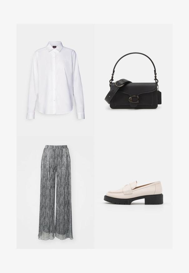 Camisa blanca de manga larga con botones, hecha de algodón. Presenta un cuello clásico y un sutil bordado de la marca en el pecho. Textura suave.; Pantalones anchos en blanco y negro con textura plisada, cinturilla elástica y dobladillo translúcido. La tela presenta rayas verticales.; Mocasines de cuero beige claro con un frente cosido y un tacón de plataforma negro texturizado. Presenta un diseño curvado y una ligera elevación.; Bolso cruzado de cuero negro con una superficie texturizada, correa ajustable y herrajes plateados. Presenta una solapa delantera con cierre de clasp.