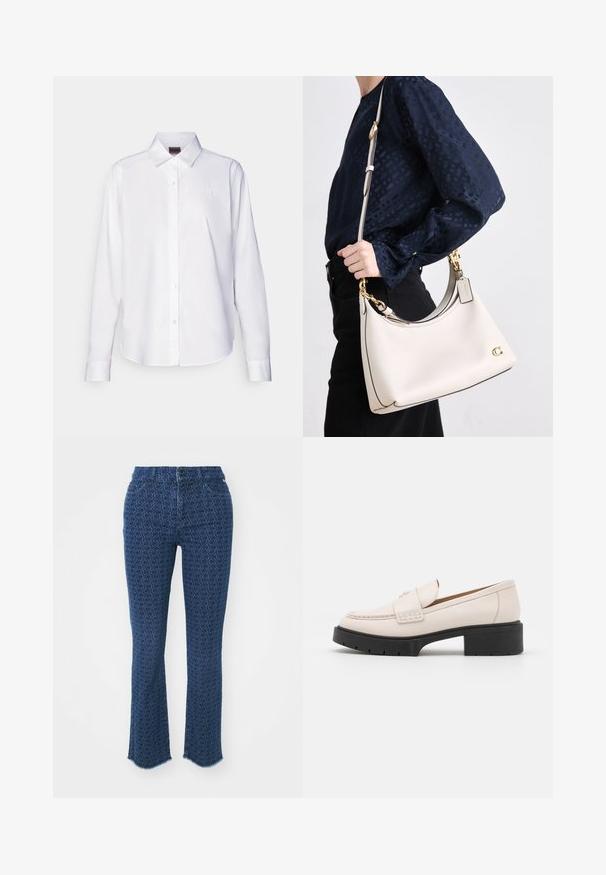 Bílé košile s dlouhými rukávy, zapínání na knoflíky, vyrobené z bavlny. Má klasický límec a diskrétní vyšívané logo na hrudi. Hladká textura.; Tmavě modré džíny s opakujícím se kruhovým vzorem, rovný střih nohavic, třepené lemy a tradiční design s pěti kapsami, s klasickým zapínáním na knoflík vpředu.; Světlobéžové kožené mokasíny se střiženým předním dílem a texturovaným černým platformovým podpatkem. Obsahují zakřivený design a mírné zvýšení.; Béžová kožená kabelka s tmavým lemem, zakřiveným tvarem, zlatým kováním a odnímatelným popruhem, držena po boku proti tmavému oblečení.