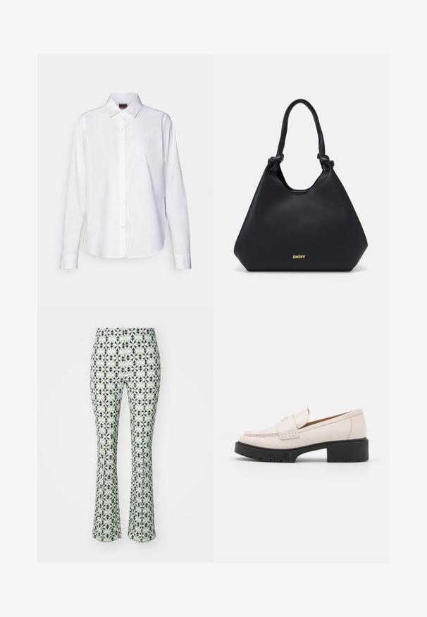 White long-sleeve button-up shirt made of cotton. Features a classic collar and subtle branded embroidery on the chest. Smooth texture.; Flared pants in a light mint green and black geometric star pattern. Made from smooth fabric with a soft texture and fitted design.; Light beige leather loafers with a stitched front and a textured black platform heel. Features a curved design and a slight elevation.; Black leather tote bag with a textured finish, knotted handle accents, and gold logo detail at the base. Features a slouchy silhouette.