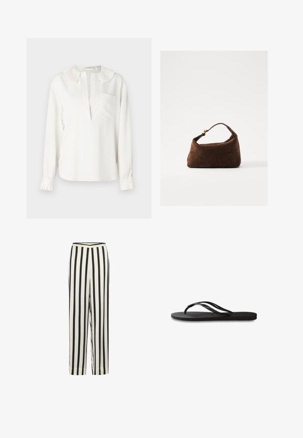 Biała bluzka z długim rękawem z plisowanym kołnierzykiem, przednim zapięciem na guziki i jedną kieszonką na piersi. Posiada bufiaste mankiety z detalami plisowania.; Czarno-białe spodenki w paski z prostym krojem nogawki i elastycznym paskiem w talii. Wykonane z lekkiego materiału o gładkiej fakturze.; Czarne klapki z teksturowaną gumową podeszwą, dwiema smukłymi paskami oraz subtelnym, wytłoczonym logo na pasku.; Brązowa torebka z zamszu o zaokrąglonym kształcie, z krótkim uchwytem i złotymi akcentami wykończenia. Gładka faktura i minimalistyczny design.