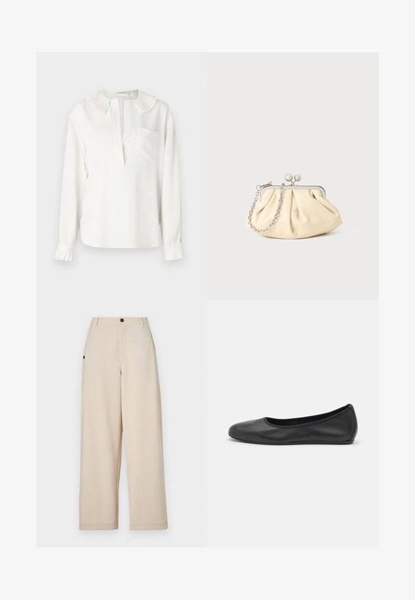 Balta garām piedurknēm blūze ar krokotu apkakli, priekšējo kniedi un vienu krūšu kabatu. Iezīmējas ar savilkta piedurkņu galiem ar krokas detaļām.; Beige platleņu bikses, izgatavotas no mīksta auduma, ar priekšējo pogu aizdari, sānu kabatām un brīvu piegriezumu.; Melna ādas baleta kurpe ar noapaļotu purngalu, gludu tekstūru, minimālu šuvju detalizāciju un elastīgu zoles dizainu.; Rūpīgi pleatota bežīga ādas somiņa ar sudraba metāla rāmi, kurai ir divas apaļas dekoratīvas sprādzes un sudraba ķēdes siksna.