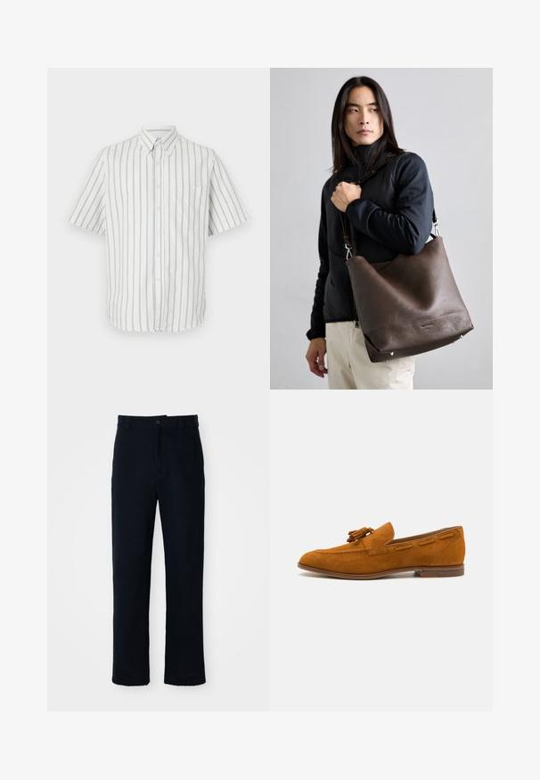 Rövid ujjú, gombos ing fehér színben, sötétszürke függőleges csíkokkal, bal mellen zsebbel és standard gallér kialakítással.; Sötétkék pamut nadrág, egyenes szárú fazonnal, elülső gombos záródással és klasszikus derékkal, övhurkokkal.; Barna velúr mokaszin kerek orral, elöl bojt részlettel és díszítő varrással az oldalán. Lapos fa sarok.; Barna bőr válltáska laza kialakítással, texturált felülettel, ezüst színű fém elemekkel és oldalsó szegecsekkel, levehető pánttal használva.