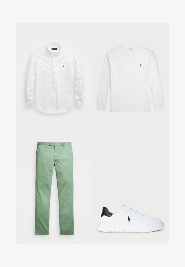 Camisa branca de botão, feita de algodão. Apresenta um colarinho pontudo, mangas longas e um pequeno logótipo azul-marinho no peito. Textura suave.; Camisola de manga longa branca feita de algodão. Apresenta um decote redondo, punhos canelados e um pequeno logótipo de polo azul-marinho no lado esquerdo do peito.; Chinos de algodão verde claro com um design de perna reta, passadores de cinto, fecho de zip e bolsos laterais. Textura suave com um acabamento limpo.; Sapatilhas brancas de cano baixo com tabuleiro de calcanhar preto e logótipo da Polo Ralph Lauren em preto na lateral, apresentando atacadores brancos e sola de borracha grossa.