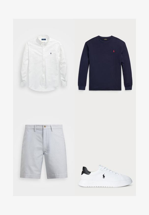 Biała koszula z długim rękawem, wykonana z bawełny. Posiada wyrazisty kołnierzyk, długie rękawy oraz małe granatowe logo na klatce piersiowej. Gładka faktura.; Granatowa koszulka z długim rękawem wykonana z miękkiej bawełny. Posiada okrągły dekolt i małe czerwone logo na lewej piersi. Gładka tekstura w całej powierzchni.; Pasiacze w jasnym niebieskim i białym kolorze. Wykonane z bawełny, z zapięciem na guzik, bocznymi kieszeniami i prostym wykończeniem dołu.; Białe niskie trampki z czarnym futerkiem na pięcie i czarnym logo Polo Ralph Lauren z boku, z białymi sznurówkami i grubą gumową podeszwą.