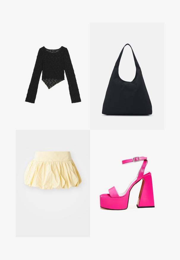 Zwarte kanten top met lange mouwen en een cropped voorkant, voorzien van een gestructureerd bloemmotief en een asymmetrische zoom.; Gele katoenen rok met een volumineus, geplooid ontwerp en een brede tailleband. De gladde textuur en lichte stof zorgen voor een casual uitstraling.; Roze platform sandalen met een brede vierkante hak, enkelband, een gladde afwerking en een open teen ontwerp. Gespaccent op de enkel.; Zwarte stoffen tas met een enkele, brede schouderriem. Zachte, semi-gestructureerde vorm en gladde textuur; minimalistisch ontwerp, zonder zichtbare hardware.