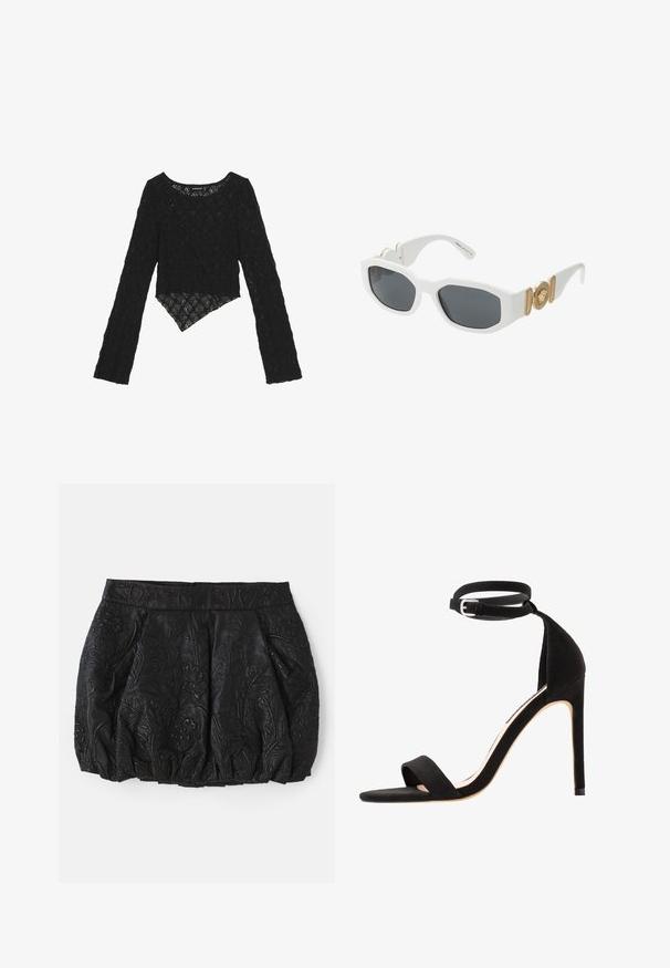 Top lungo in pizzo nero con maniche lunghe e un davanti corto, caratterizzato da un motivo floreale testurizzato e un orlo asimmetrico.; Gonna nera in pelle con motivo floreale in rilievo, pieghe arricciate e vita liscia. Presenta una zip coperta sul retro.; Sandali neri in suede con tacco alto, design semplice con cinturino, punta aperta e cinturino alla caviglia con fibbia argentata.; Occhiali da sole in plastica bianca con lenti grigie scure, caratterizzati da un dettaglio con emblema dorato e accenti texturizzati sulle tempie. Forma quadrata.