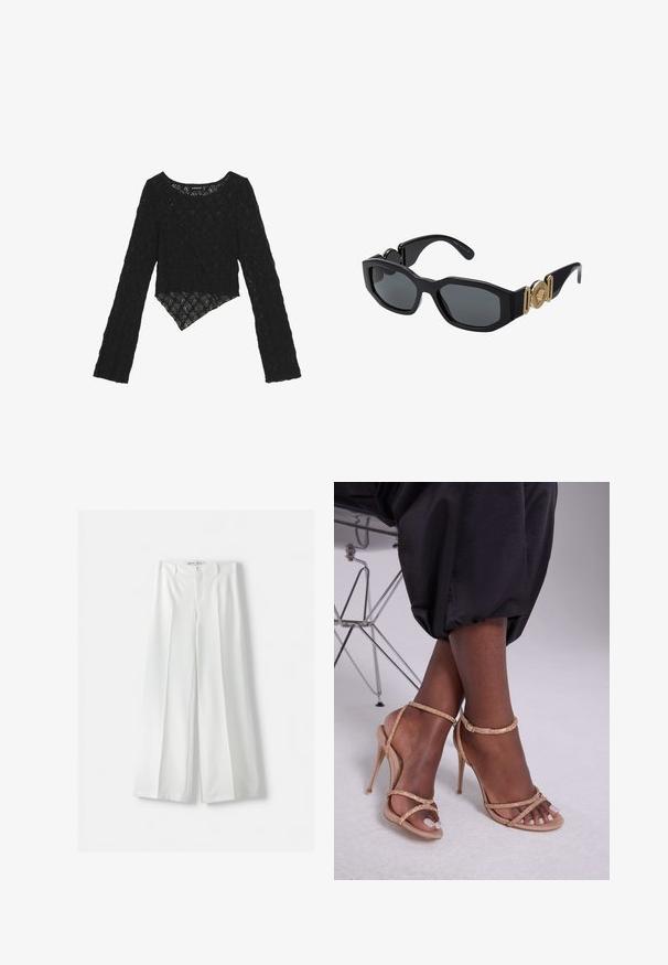 Top lungo in pizzo nero con maniche lunghe e un davanti corto, caratterizzato da un motivo floreale testurizzato e un orlo asimmetrico.; Bershka WIDE-LEG TAILORED - Pantaloni - white; Sandali con tacco beige decorati con cristalli, caratterizzati da una punta aperta, sottili cinturini e un silhouette elegante.; Occhiali da sole neri con una montatura geometrica spessa, lenti scure e accenti in metallo dorato sulle aste che presentano un dettaglio ad emblema rotondo.