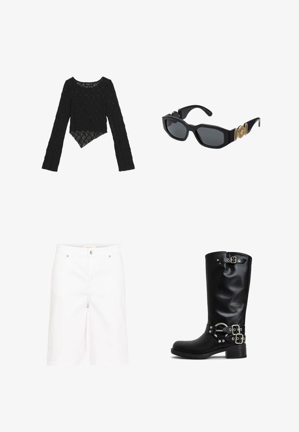 Sort blonde med lange ærmer og en cropped front, der har et tekstureret blomster mønster og en asymmetrisk kant.; Hvide denim Bermuda-shorts med lige snit, der har en frontknaplukning, bæltestropper og to forlommer. Glat tekstur.; Sorte knæhøje støvler lavet af glat syntetisk materiale. Har sølvfarvede spænder og en accentring. Chunky firkantet hæl.; Sorte solbriller med en kraftig geometrisk ramme, mørke linser og guldmetal detaljer på stængerne med et rundt emblem.