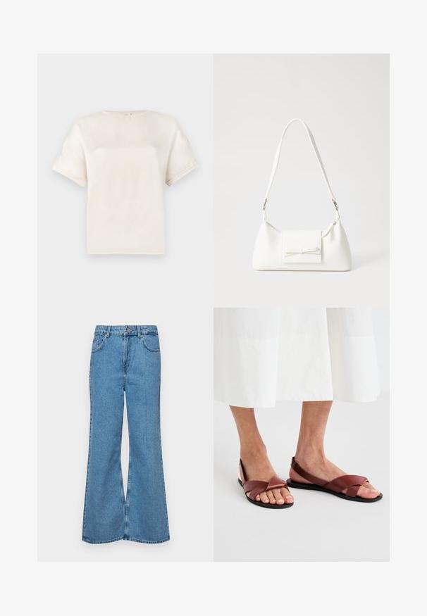 Kortermet T-skjorte med rund hals i off-white, laget av glatt stoff, med en avslappet passform og minimale sømdetaljer på ermene.; Lyseblå vide jeans laget av denim, med høyt liv, fem lommer og en enkelt knappelukking. Myk tekstur med falmet finish.; Brune lærsandaler med krydset stropper og åben hæl, der har en flad sål. Stropperne er glatte med en mat finish.; Hvit syntetisk håndveske med trekantet form, flat klaff foran og sløyfe detaljer, justerbar stropp, glatt tekstur og minimalistisk design.