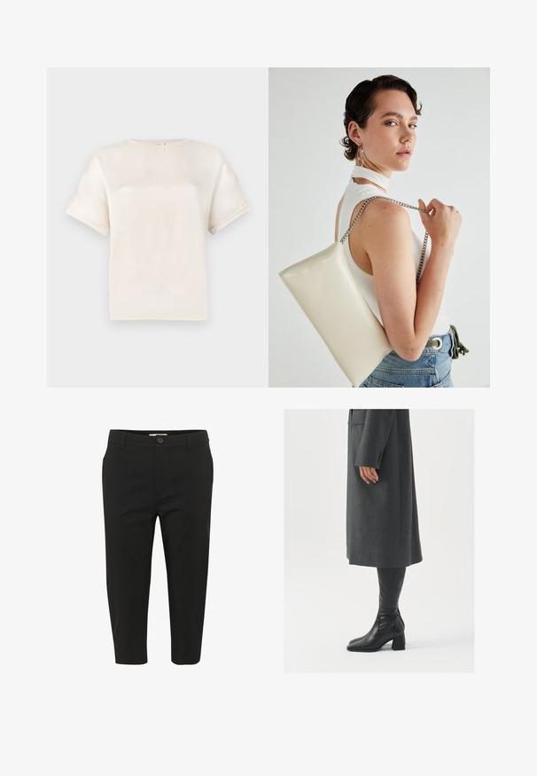 Īsām piedurknēm apļa kakla T-krekls off-white krāsā, izgatavots no gludas auduma, ar brīvu piegriezumu un minimālām šuvju detaļām uz piedurknēm.; Melnas, īsas bikses, kas izgatavotas no gludas auduma, ar pogas aizdari, priekšējām kabatām un taisnu kāju dizainu.; Pelēks, pielāgots mētelis ar taisnu griezumu; kombinēts ar melniem ādas zābakiem līdz ceļiem, kuriem ir kvadrāta formas purngals un masīla dūre.; Balts taisnstūra clutch soma, izgatavota no spīdīga materiāla, ar sudraba ķēdes siksnu. Modelis pozē, demonstrējot somu uz vienkārša fona.