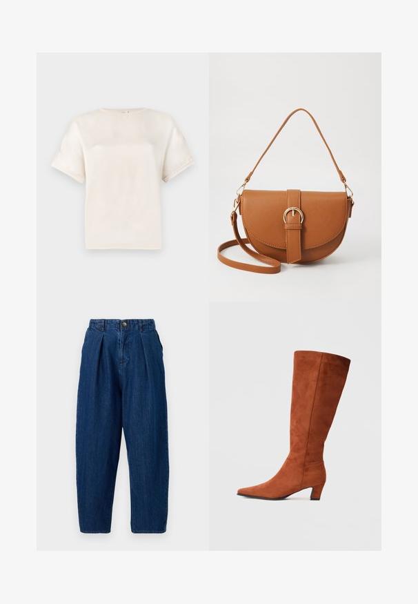Majica kratkih rukava s okruglim izrezom u boji slonovače, izrađena od glatke tkanine, s opuštenim krojem i minimalnim detaljima šivanja na rukavima.; Tamno plave traperice s opuštenim krojem, s plisama sprijeda, zatvaranjem na gumb i suženim nogavicama.; Smeđi nubuk čizme do koljena s šiljastim nosom i malim blok-petom, s glatkom teksturom i minimalističkim dizajnom.; Smeđa kožna torba preko tijela s zakrivljenim oblikom, zlatnim metalnim detaljima i naglaskom na kopču. Ima odvojivu naramenicu.